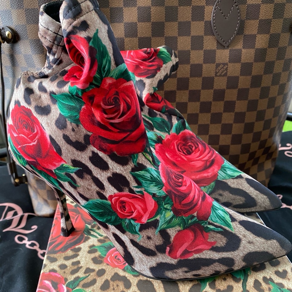 Dolce & Gabbana Leopard Print w/ Red Roses Booties